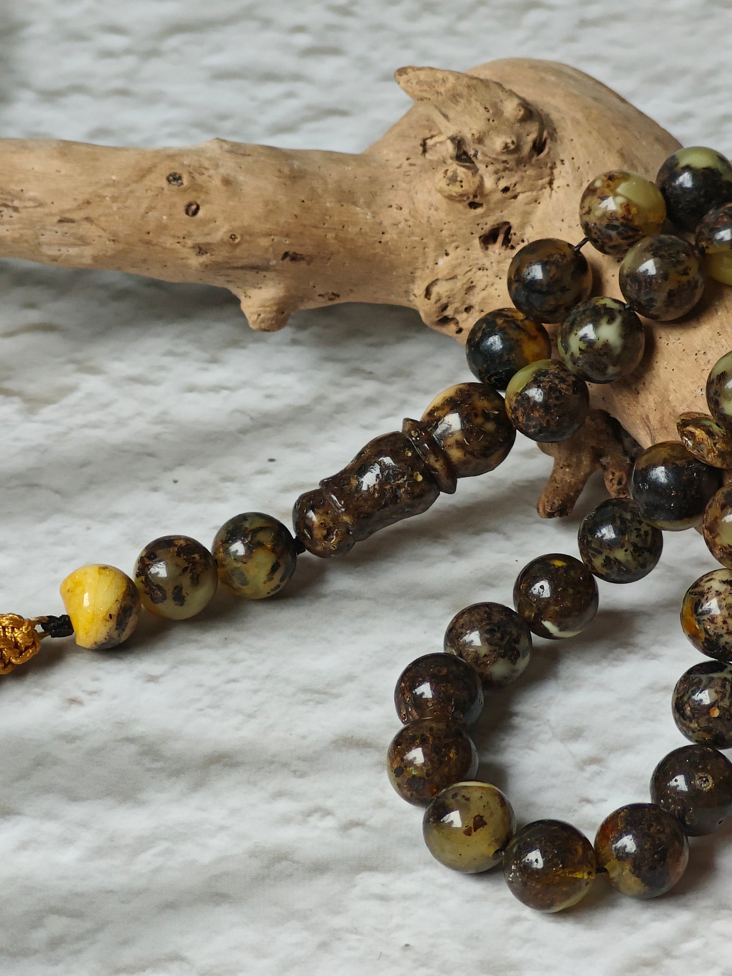 Dark Oreo Baltic Amber Misbah | 45 Round Beads | 9mm | Natural Inclusions | 18g