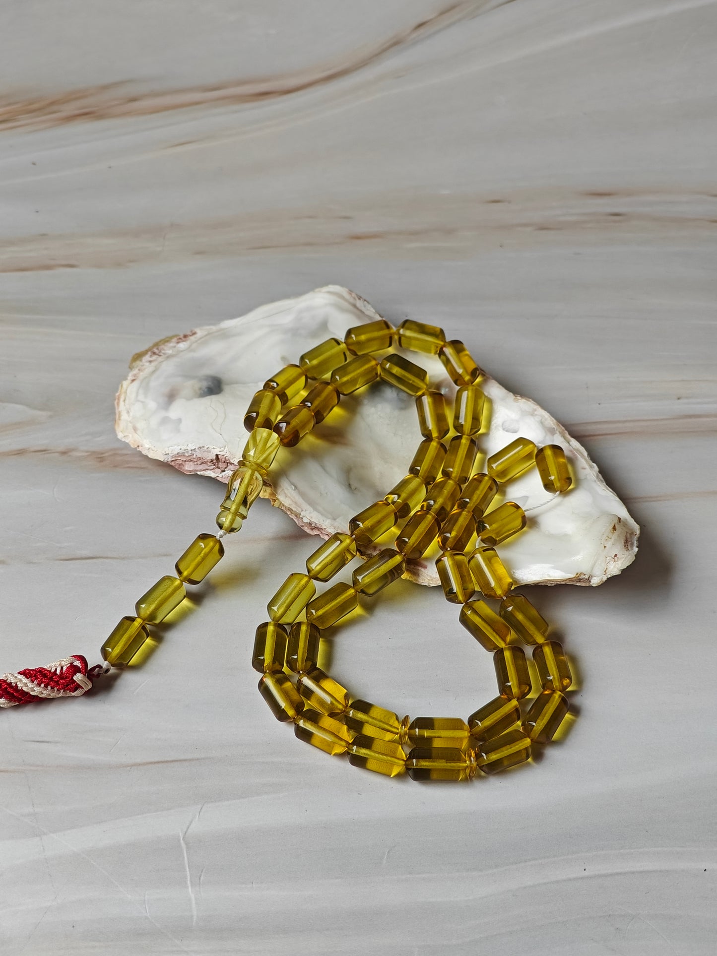 Natural Green Caribbean Amber Misbah | 45 Barrel Beads | 21.5g