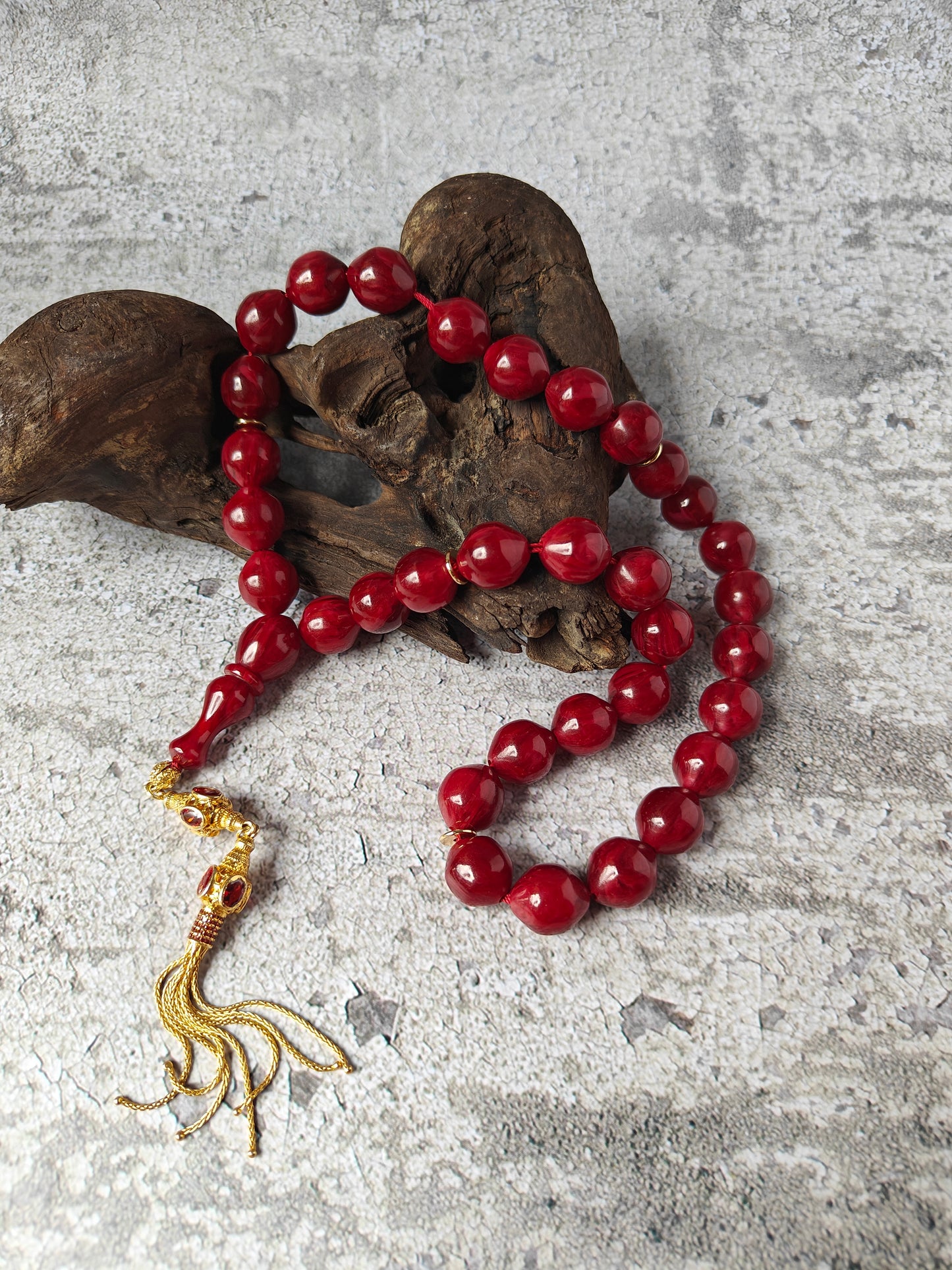 American Bakelite Tasbih – 33 Istanbul Shape Beads | Maroon with Black Veins | Antique Material