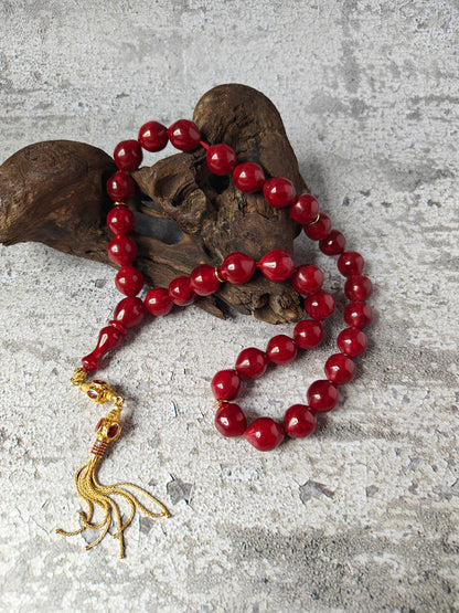 American Bakelite Tasbih – 33 Istanbul Shape Beads | Maroon with Black Veins | Antique Material