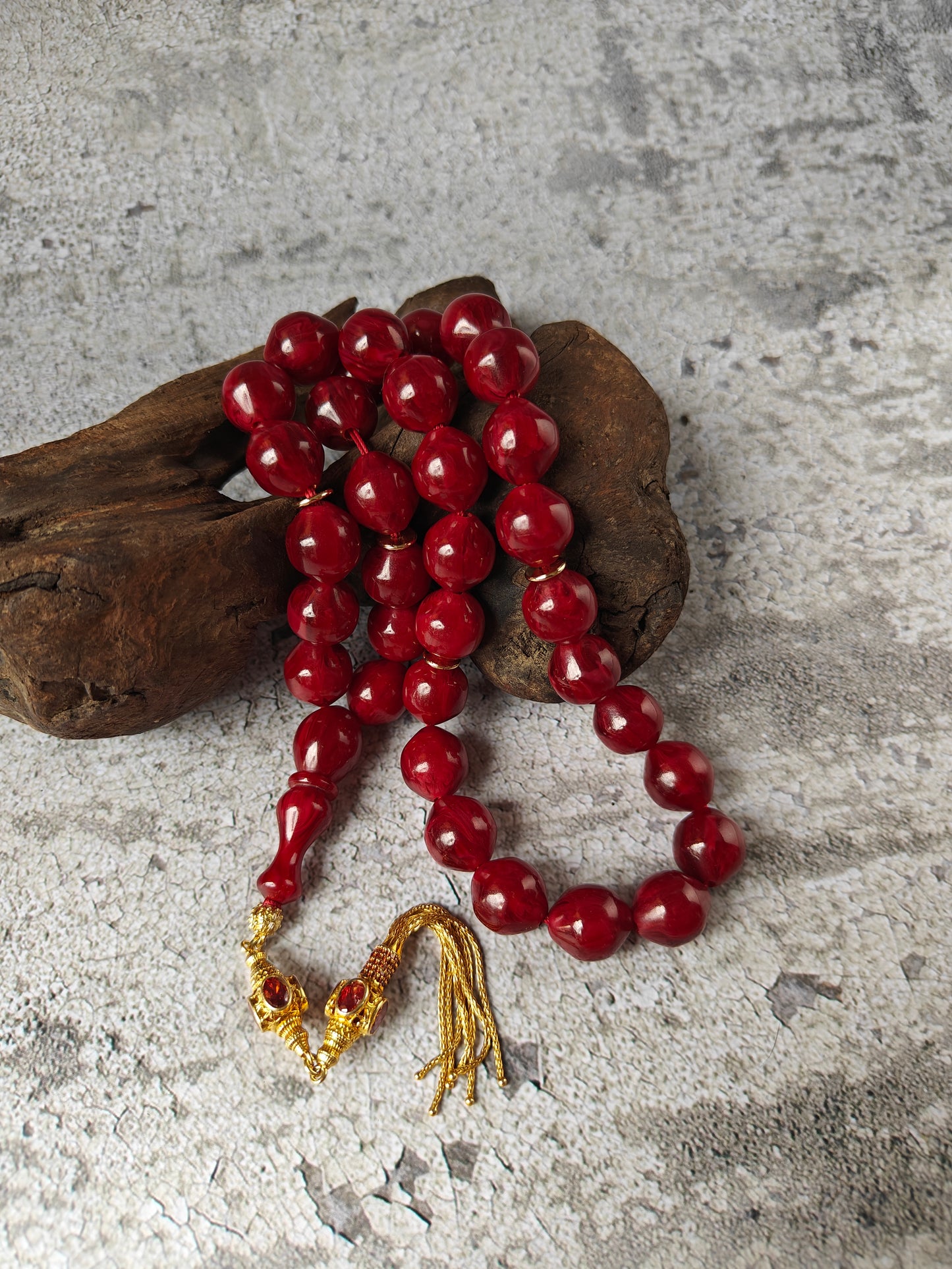 American Bakelite Tasbih – 33 Istanbul Shape Beads | Maroon with Black Veins | Antique Material
