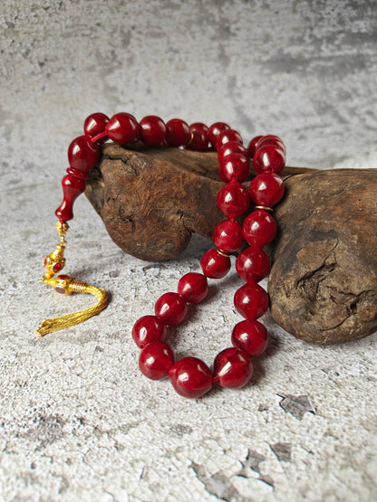 American Bakelite Tasbih – 33 Istanbul Shape Beads | Maroon with Black Veins | Antique Material