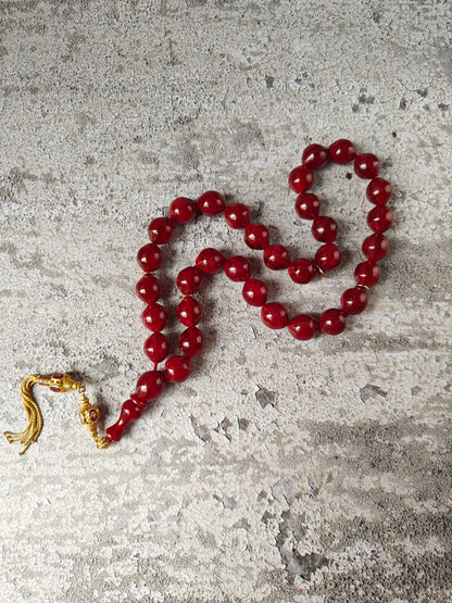 American Bakelite Tasbih – 33 Istanbul Shape Beads | Maroon with Black Veins | Antique Material