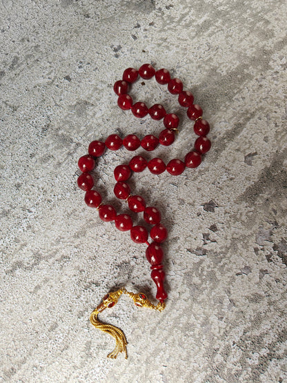 American Bakelite Tasbih – 33 Istanbul Shape Beads | Maroon with Black Veins | Antique Material