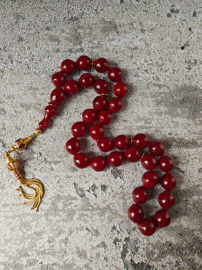 American Bakelite Tasbih – 33 Istanbul Shape Beads | Maroon with Black Veins | Antique Material