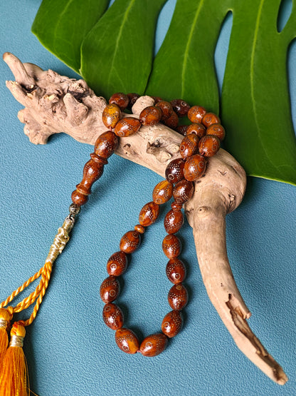 Antique Kokka Seed Tasbih – 33 Hand Carved Silver Inlaid Beads | Egyptian Craft