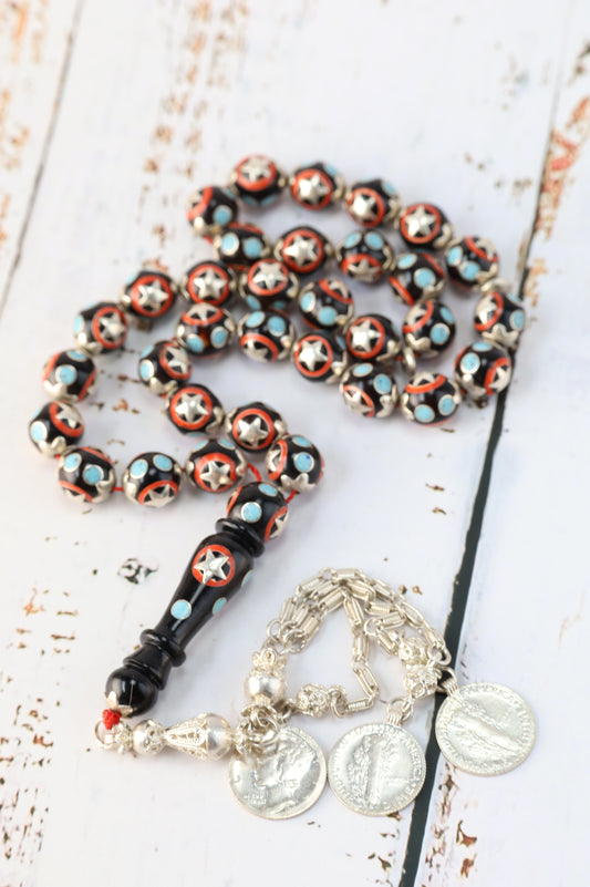 Kokka Wood Misbah with Turquoise, Coral Dust & Silver Stars – 33 Beads