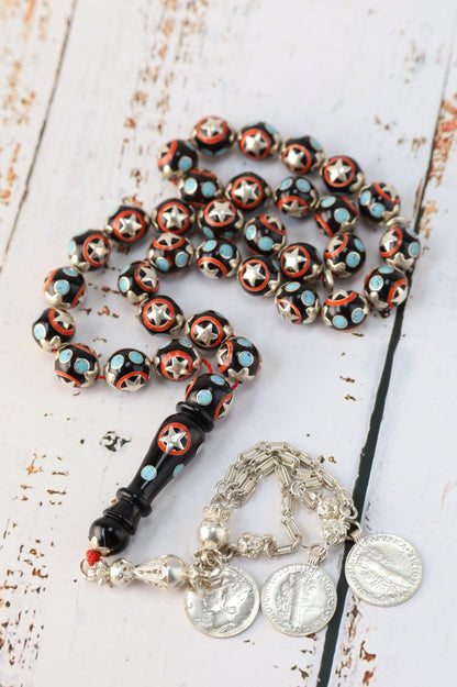 Kokka Wood Misbah with Turquoise, Coral Dust & Silver Stars – 33 Beads