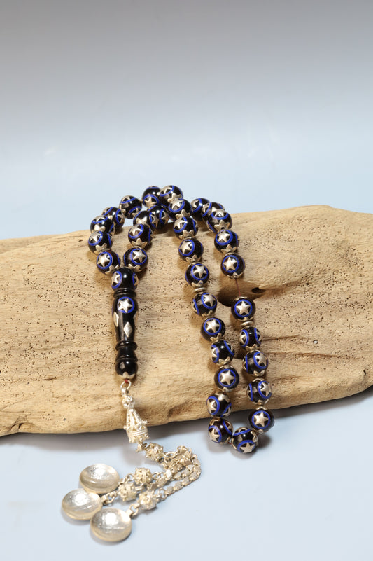 Kokka Wood Misbah with Lapis Lazuli & Silver Stars – Egyptian Craft