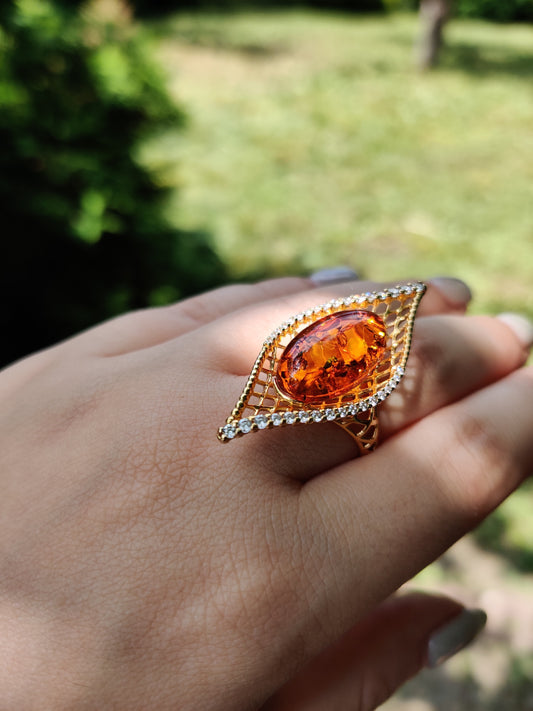 Marquise Shape Ring with Natural Cognac Amber and Cubic Zirconias in Gold Plated Silver