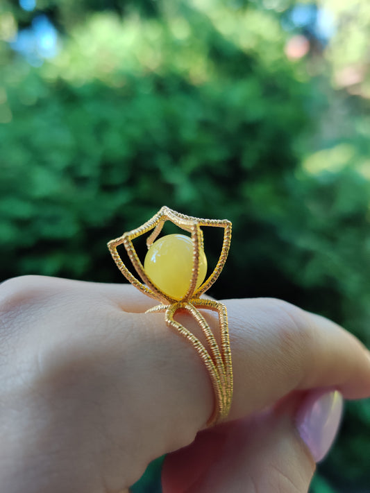 Geometric Cage Ring With Butterscotch Amber And Gold Plated Silver