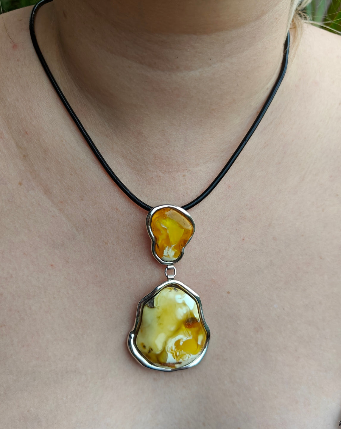 Huge Unique Natural Royal White/ Honey Amber Handmade Pendant in Silver