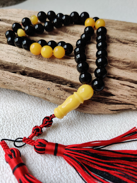 Black Onyx and Butterscotch Baltic Amber Tasbih 33 Beads