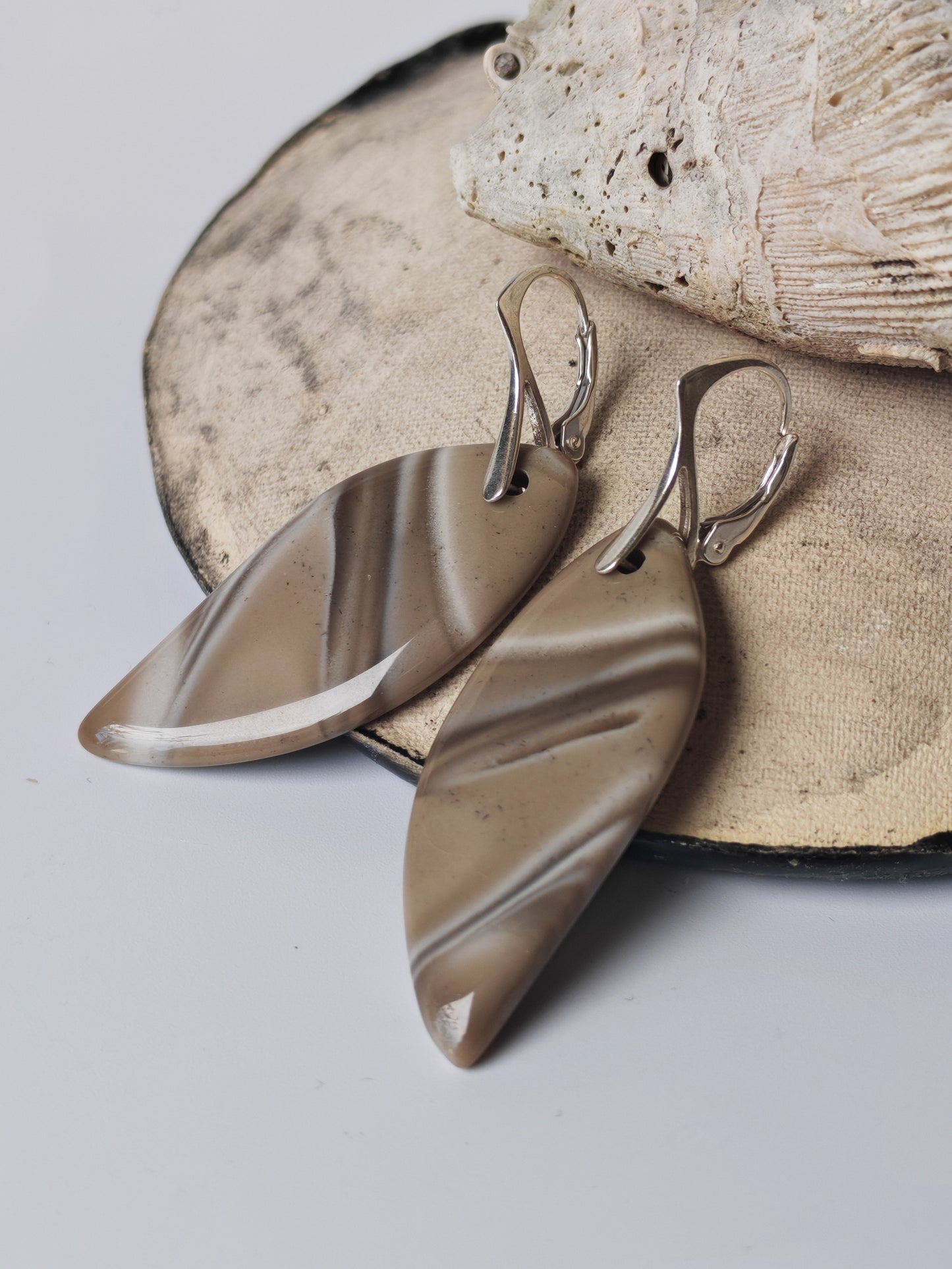 Striped Flint Leaf Earrings | Natural Stone & Silver Clasps