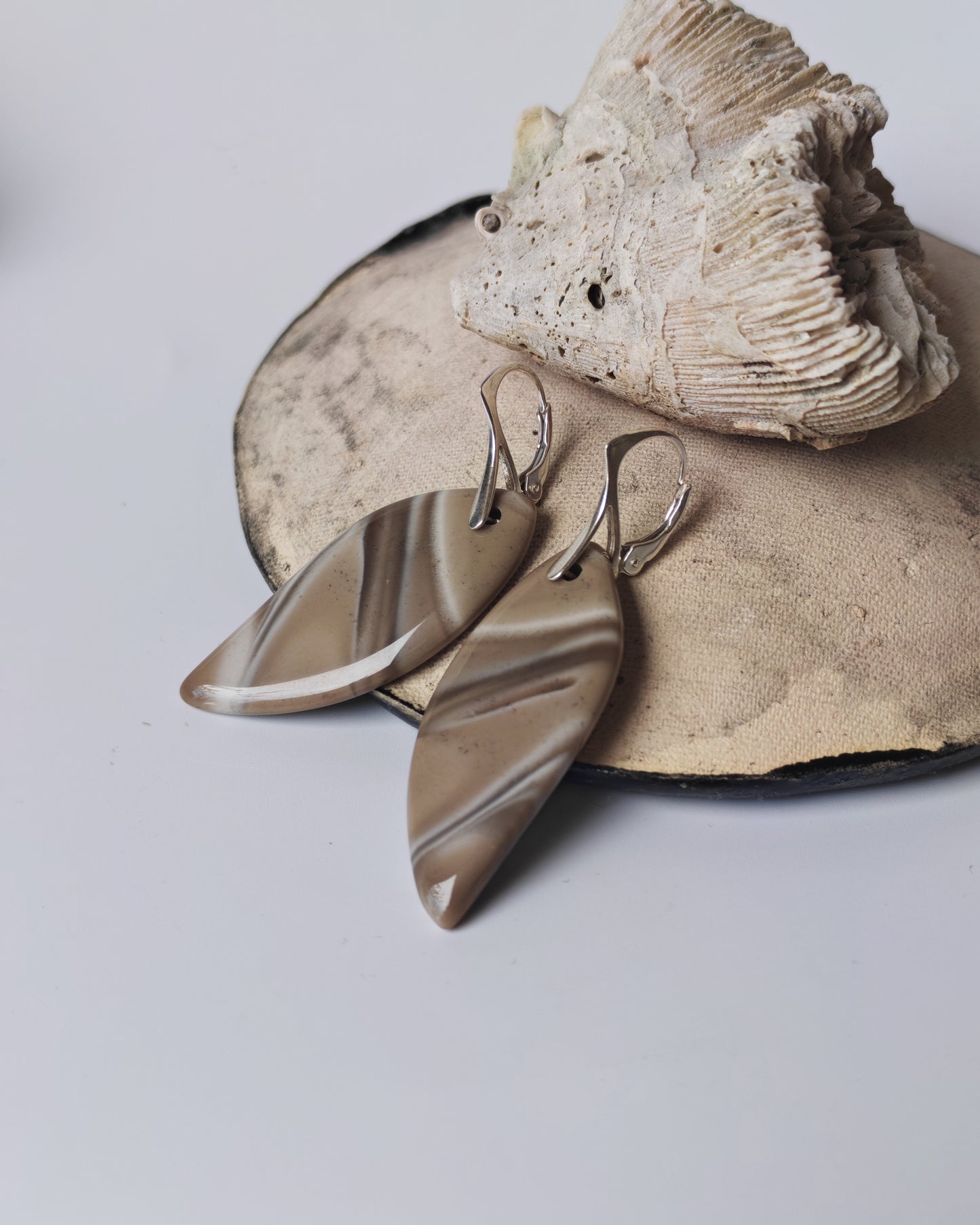 Striped Flint Leaf Earrings | Natural Stone & Silver Clasps