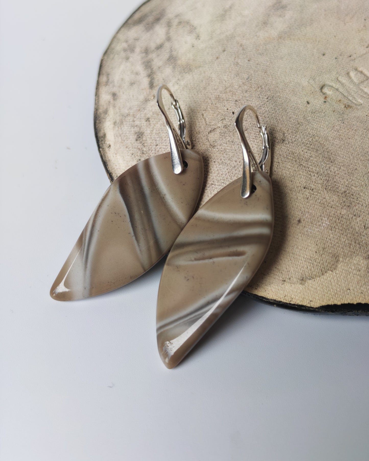 Striped Flint Leaf Earrings | Natural Stone & Silver Clasps