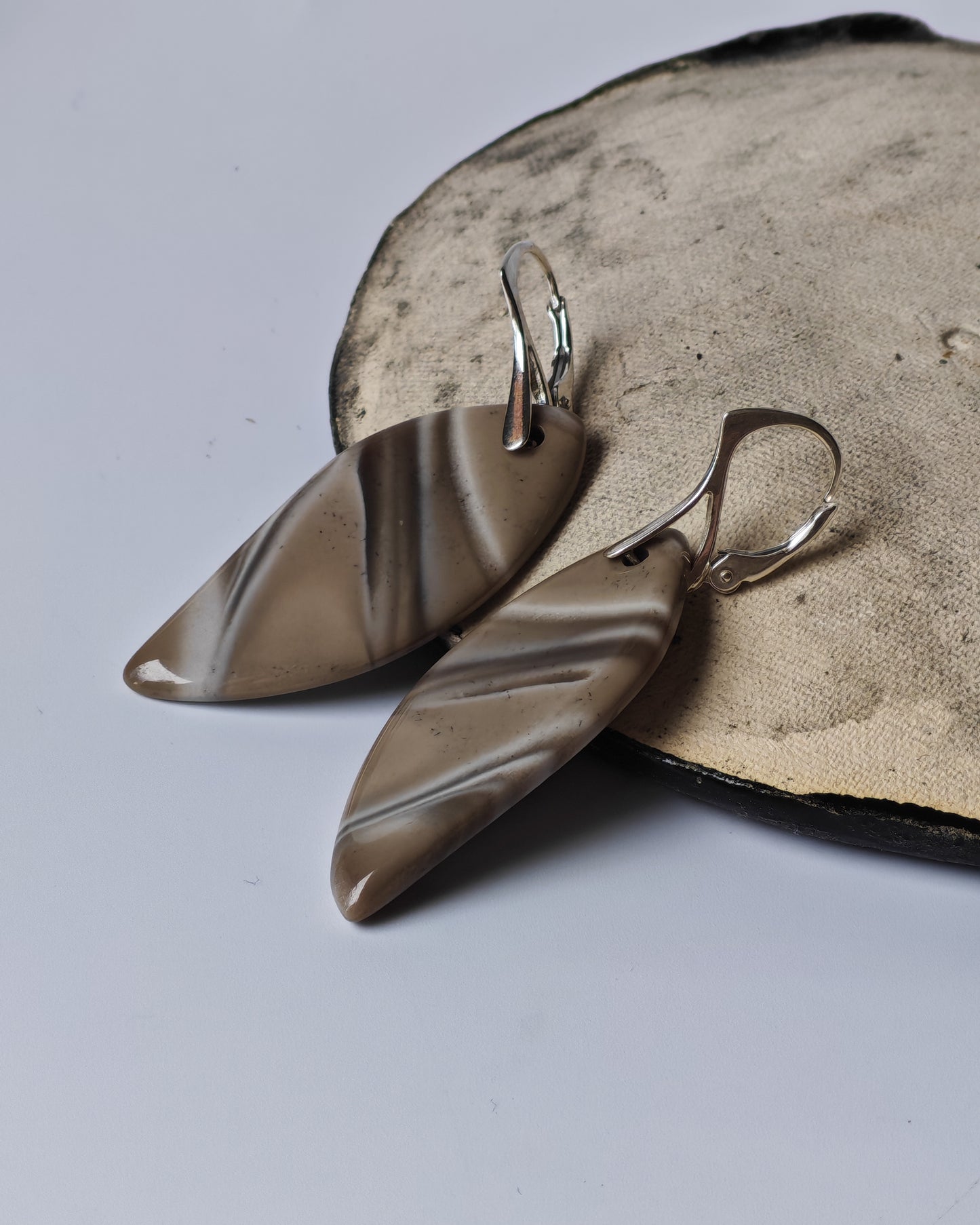 Striped Flint Leaf Earrings | Natural Stone & Silver Clasps