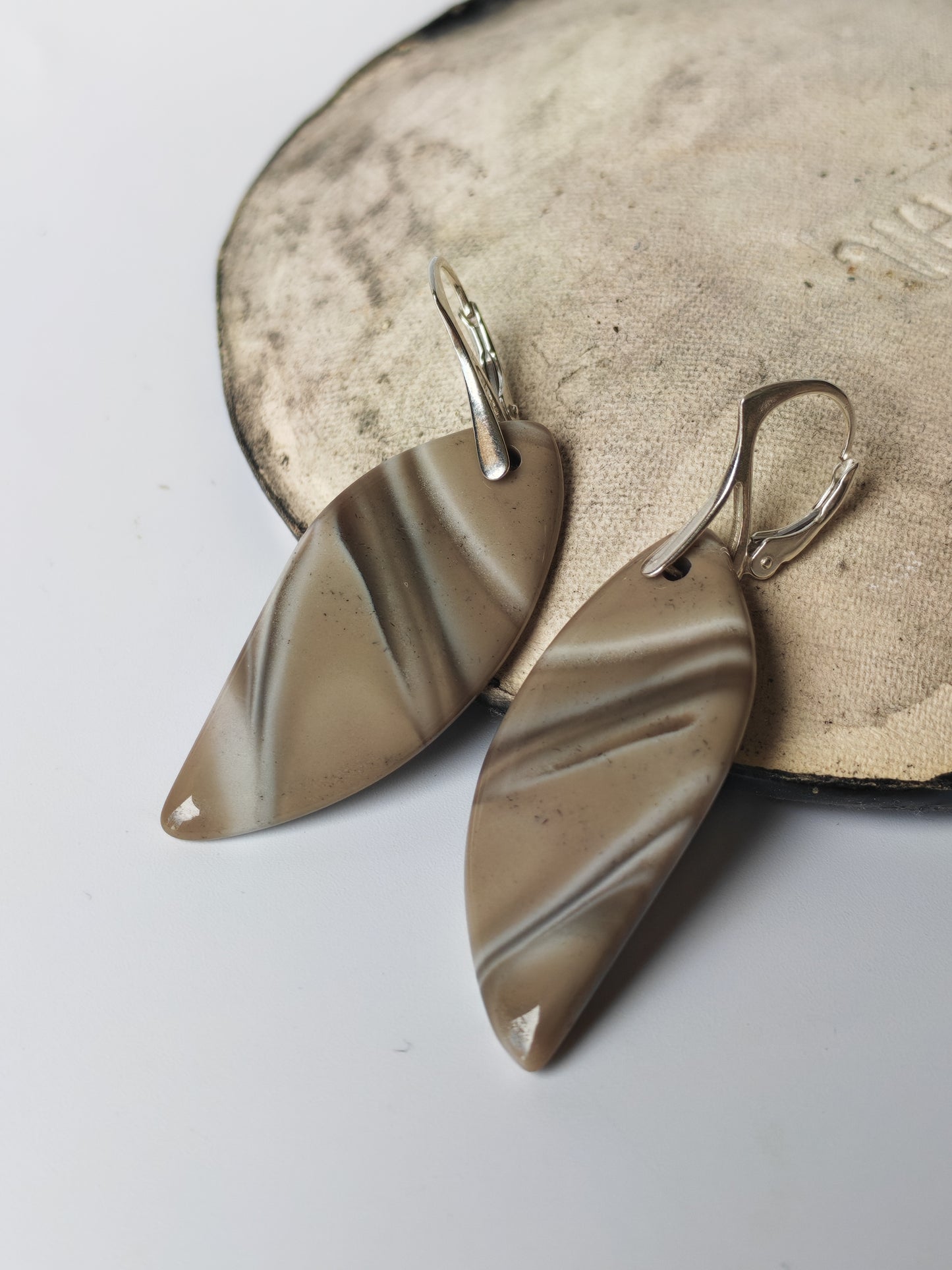 Striped Flint Leaf Earrings | Natural Stone & Silver Clasps