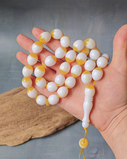 Mahjong Domino Bakelite + Polyester Half Glittering Yellow & Half White Rosary 33 beads