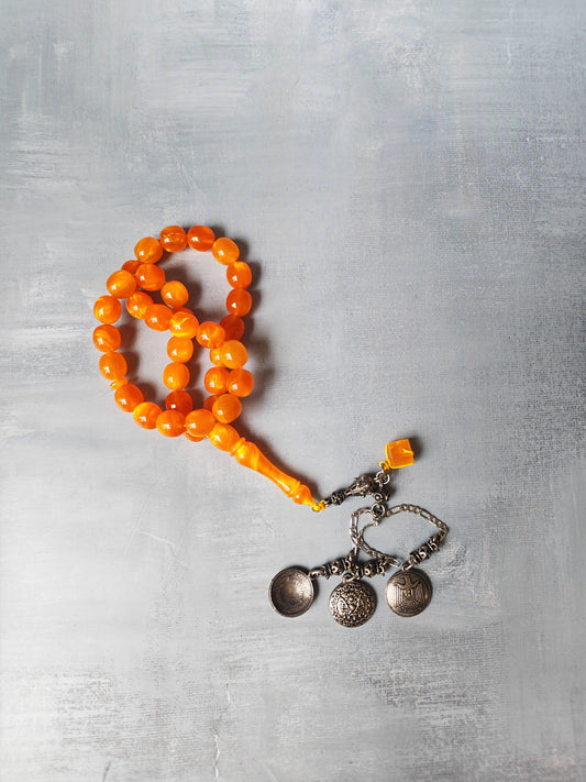 Catalin Bakelite Misbah | 33 Beads in Fiery Lava Flow Pattern