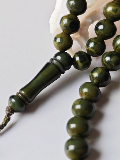 Rare Antique German Bakelite Misbah | 99 Beads, Ottoman Craft in Frog Green