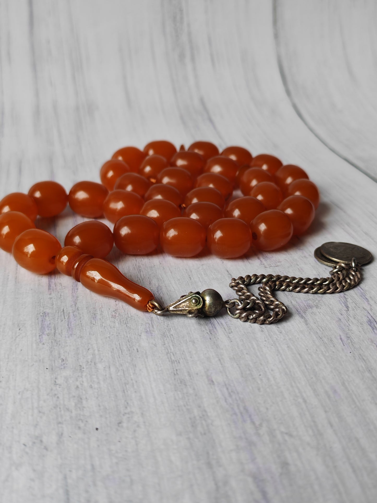Antique German Bakelite Tasbih – Czech Craft | Deep Orange Honey Color | 33 Large Olive Beads | 126g