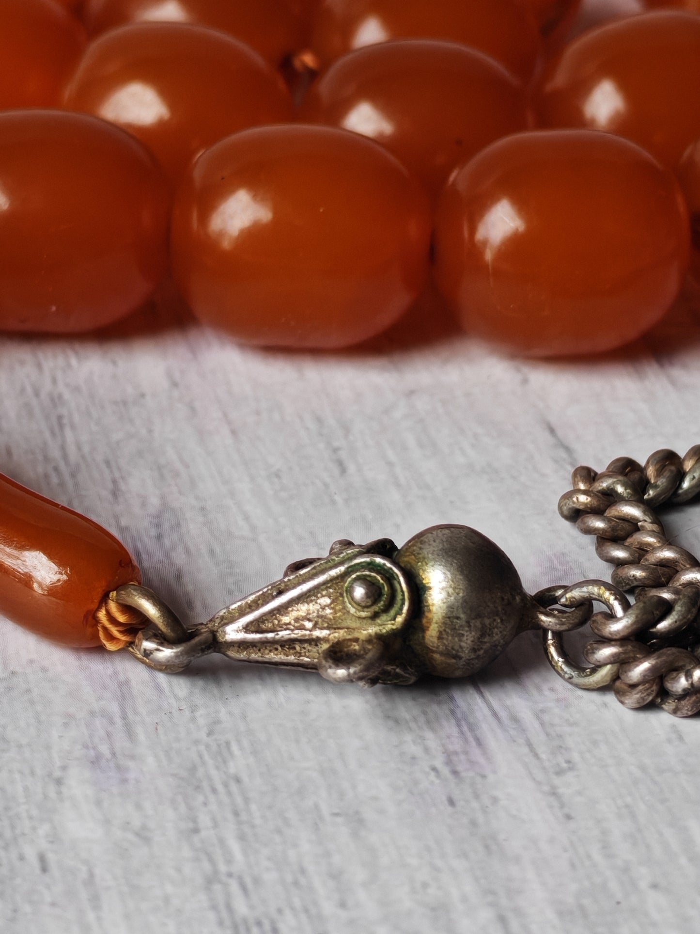 Antique German Bakelite Tasbih – Czech Craft | Deep Orange Honey Color | 33 Large Olive Beads | 126g