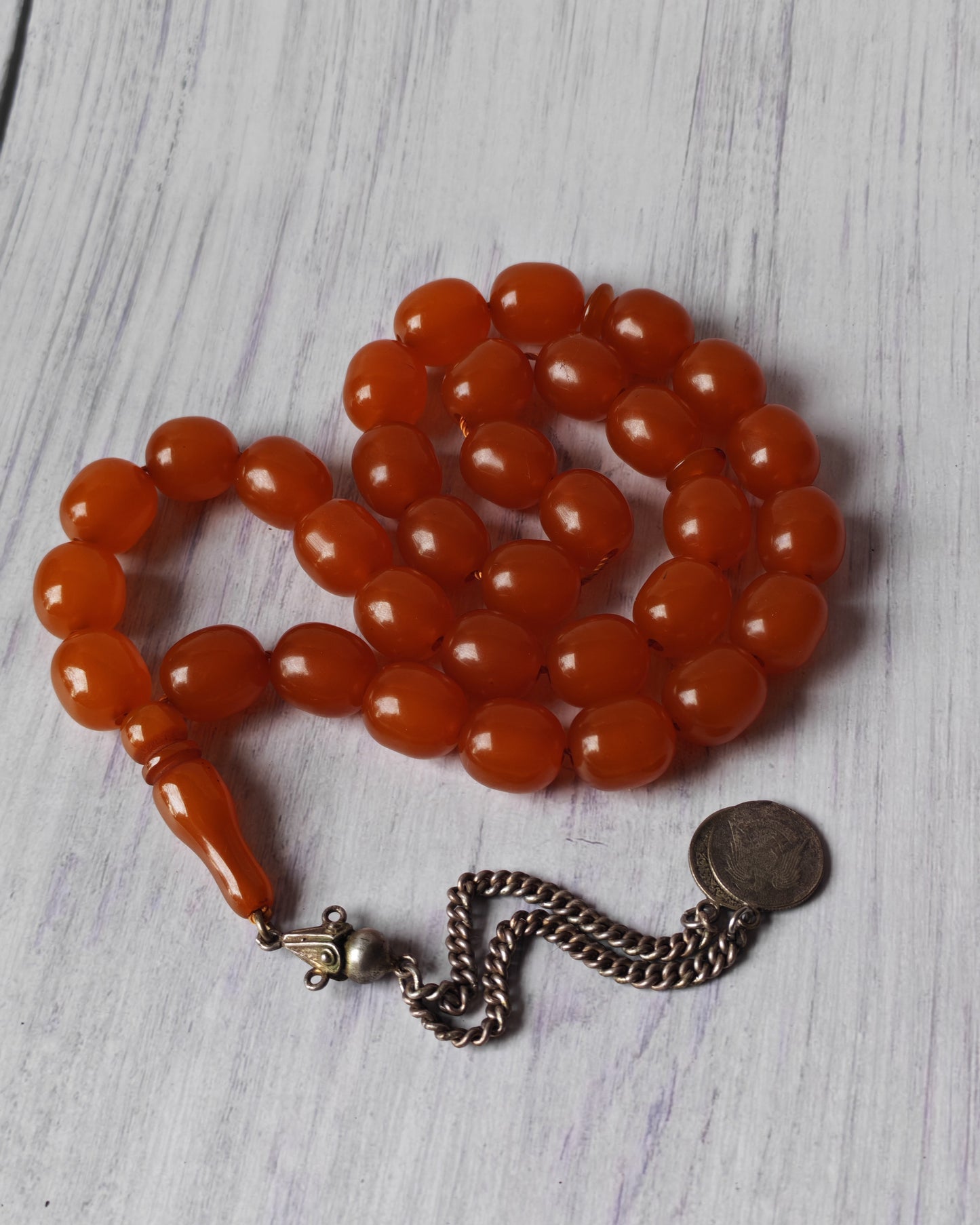 Antique German Bakelite Tasbih – Czech Craft | Deep Orange Honey Color | 33 Large Olive Beads | 126g