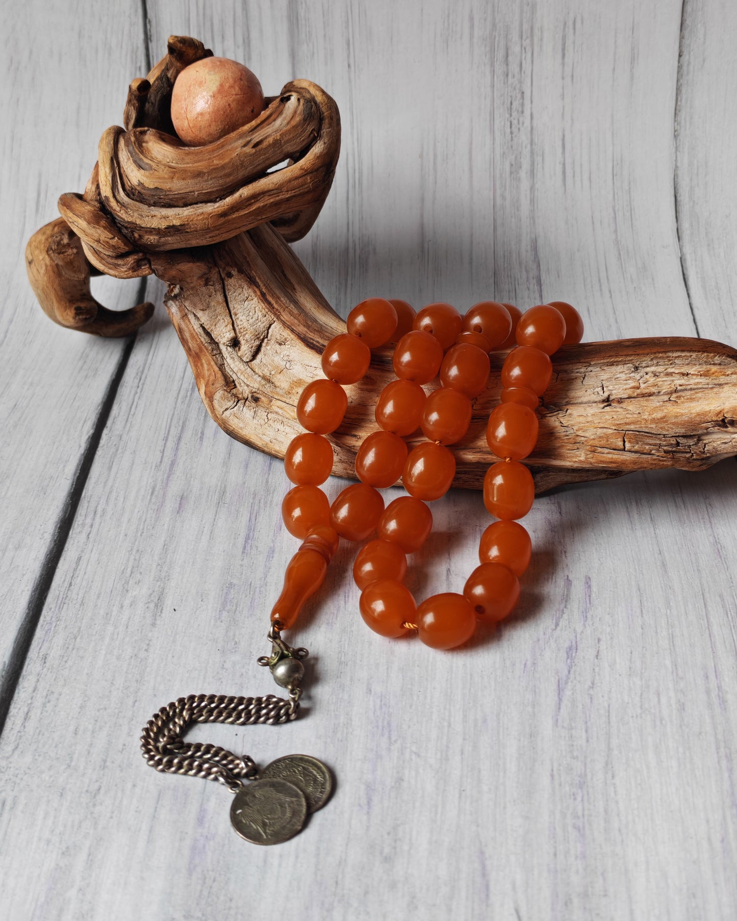 Antique German Bakelite Tasbih – Czech Craft | Deep Orange Honey Color | 33 Large Olive Beads | 126g