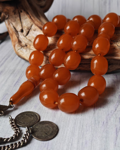 Antique German Bakelite Tasbih – Czech Craft | Deep Orange Honey Color | 33 Large Olive Beads | 126g