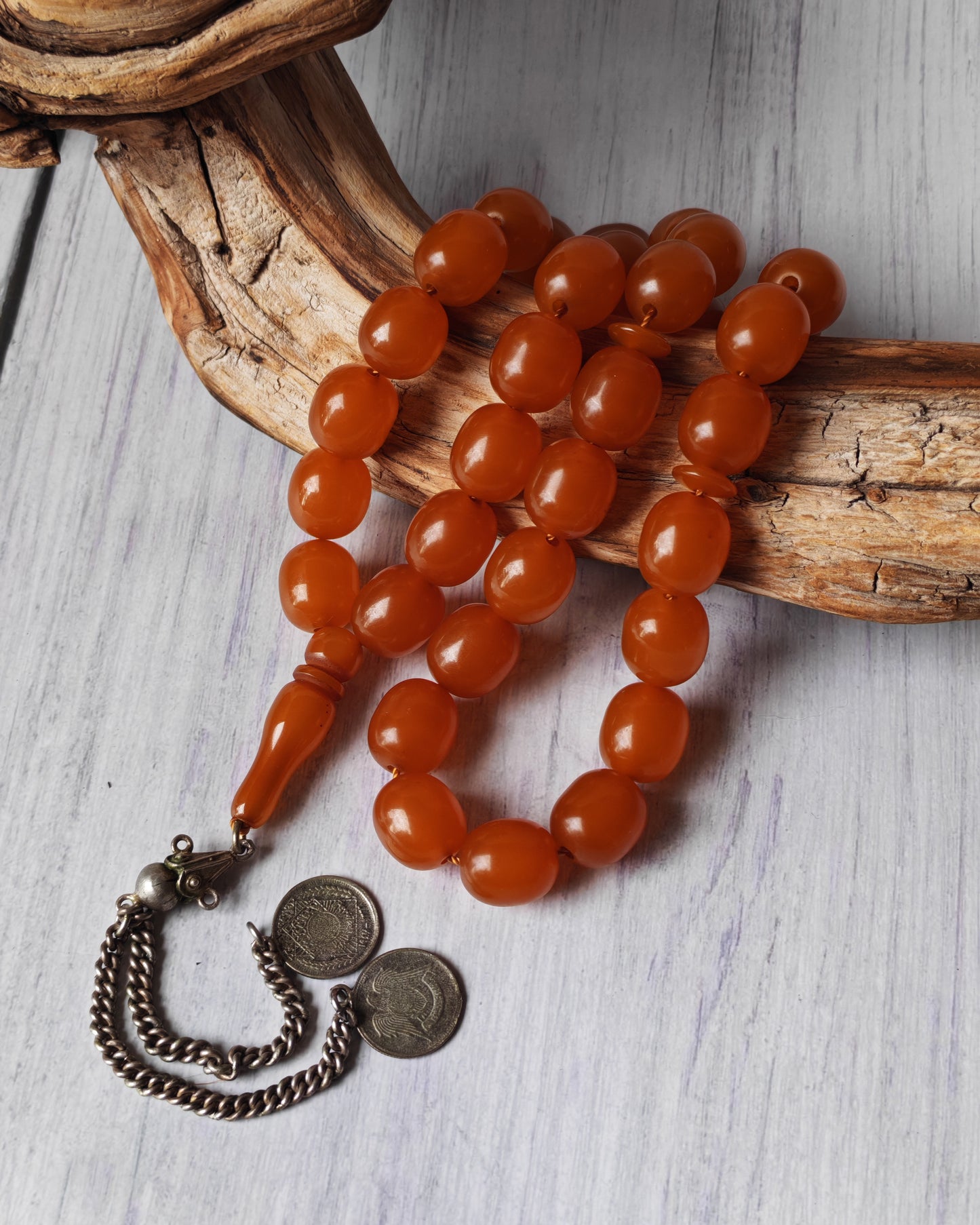 Antique German Bakelite Tasbih – Czech Craft | Deep Orange Honey Color | 33 Large Olive Beads | 126g
