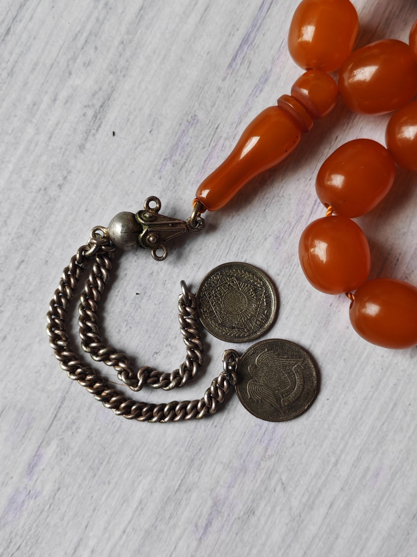 Antique German Bakelite Tasbih – Czech Craft | Deep Orange Honey Color | 33 Large Olive Beads | 126g