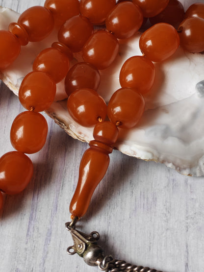 Antique German Bakelite Tasbih – Czech Craft | Deep Orange Honey Color | 33 Large Olive Beads | 126g