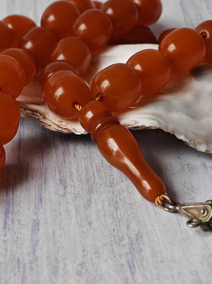 Antique German Bakelite Tasbih – Czech Craft | Deep Orange Honey Color | 33 Large Olive Beads | 126g