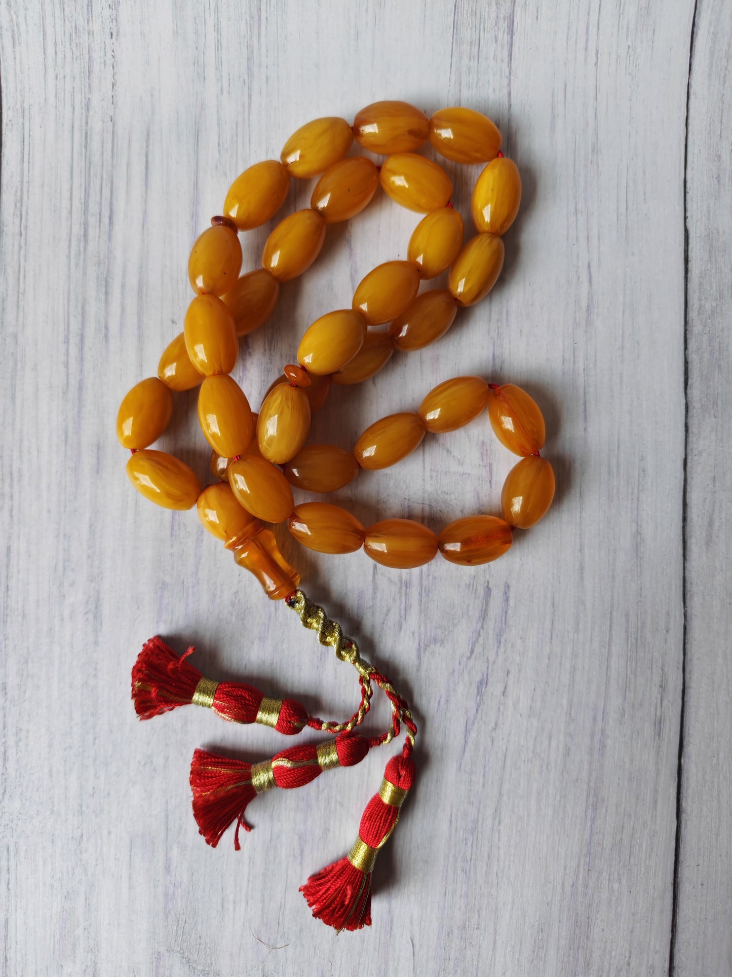 Antique German Bakelite Tasbih – 33 Long Olive Beads Gooseberry Pattern | Original Iraqi Craft