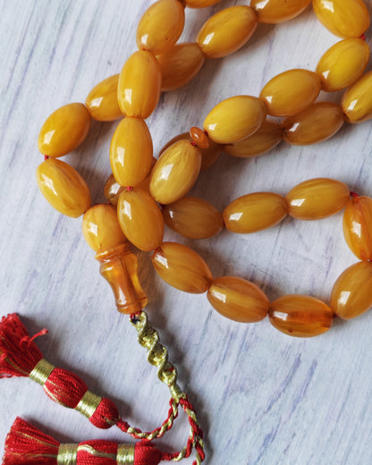 Antique German Bakelite Tasbih – 33 Long Olive Beads Gooseberry Pattern | Original Iraqi Craft