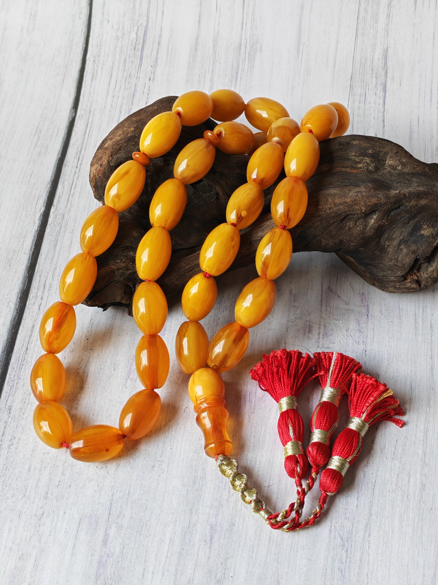 Antique German Bakelite Tasbih – 33 Long Olive Beads Gooseberry Pattern | Original Iraqi Craft
