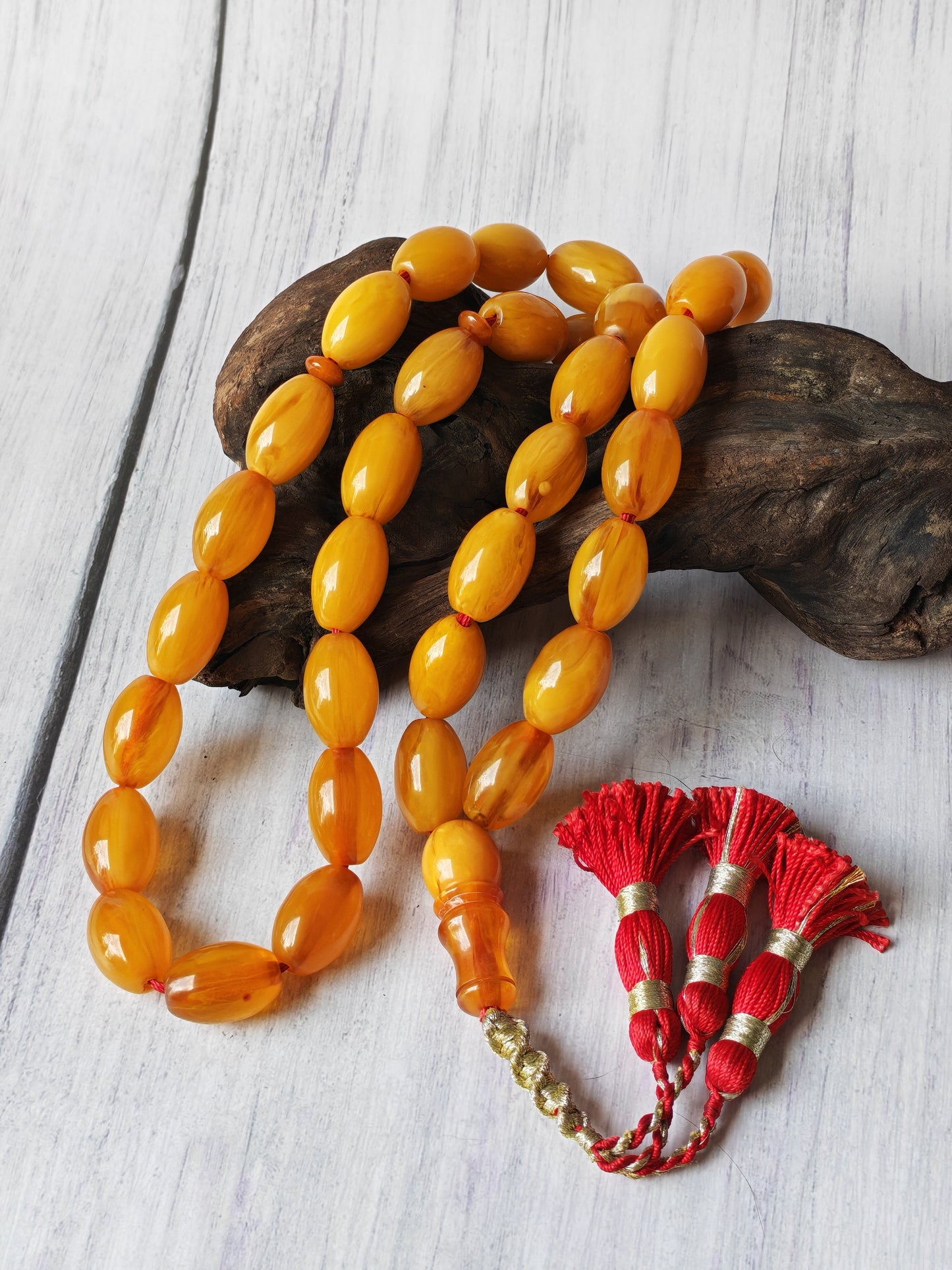 Antique German Bakelite Tasbih – 33 Long Olive Beads Gooseberry Pattern | Original Iraqi Craft