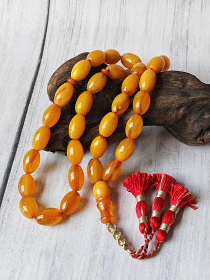 Antique German Bakelite Tasbih – 33 Long Olive Beads Gooseberry Pattern | Original Iraqi Craft