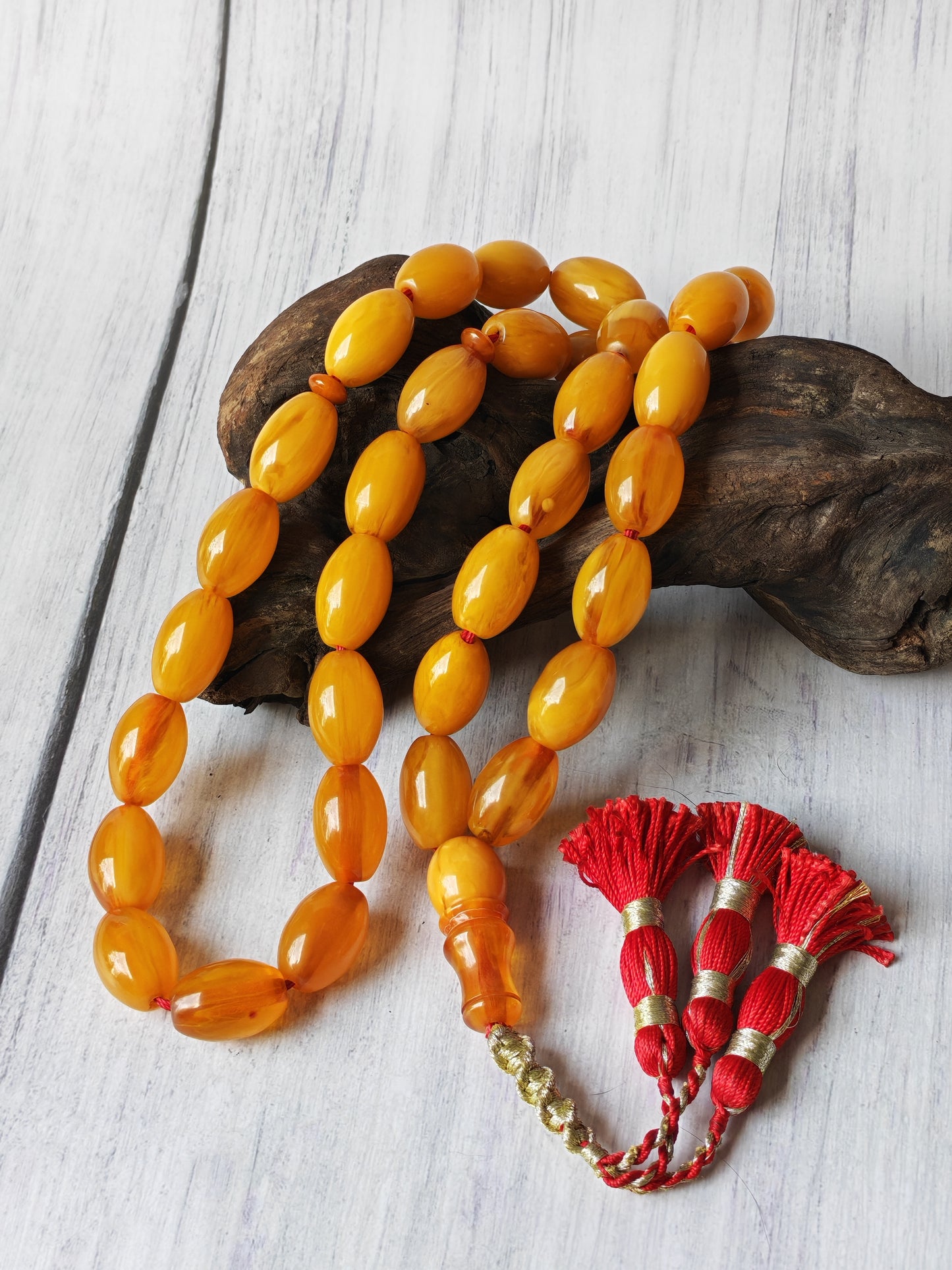 Antique German Bakelite Tasbih – 33 Long Olive Beads Gooseberry Pattern | Original Iraqi Craft