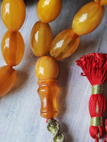Antique German Bakelite Tasbih – 33 Long Olive Beads Gooseberry Pattern | Original Iraqi Craft