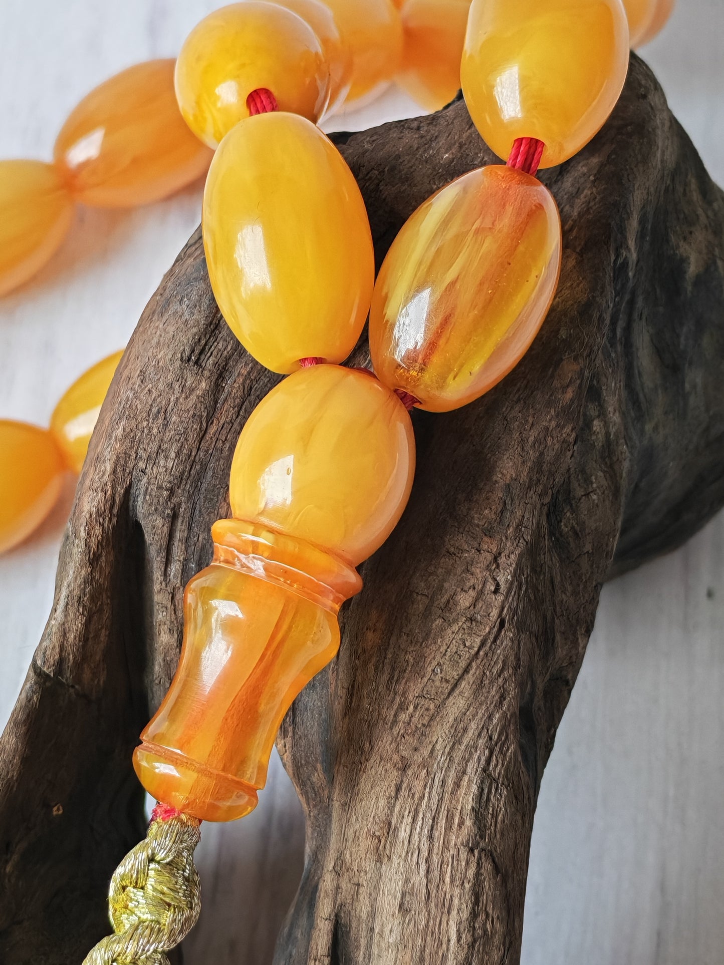 Antique German Bakelite Tasbih – 33 Long Olive Beads Gooseberry Pattern | Original Iraqi Craft