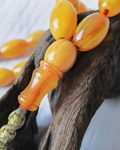 Antique German Bakelite Tasbih – 33 Long Olive Beads Gooseberry Pattern | Original Iraqi Craft