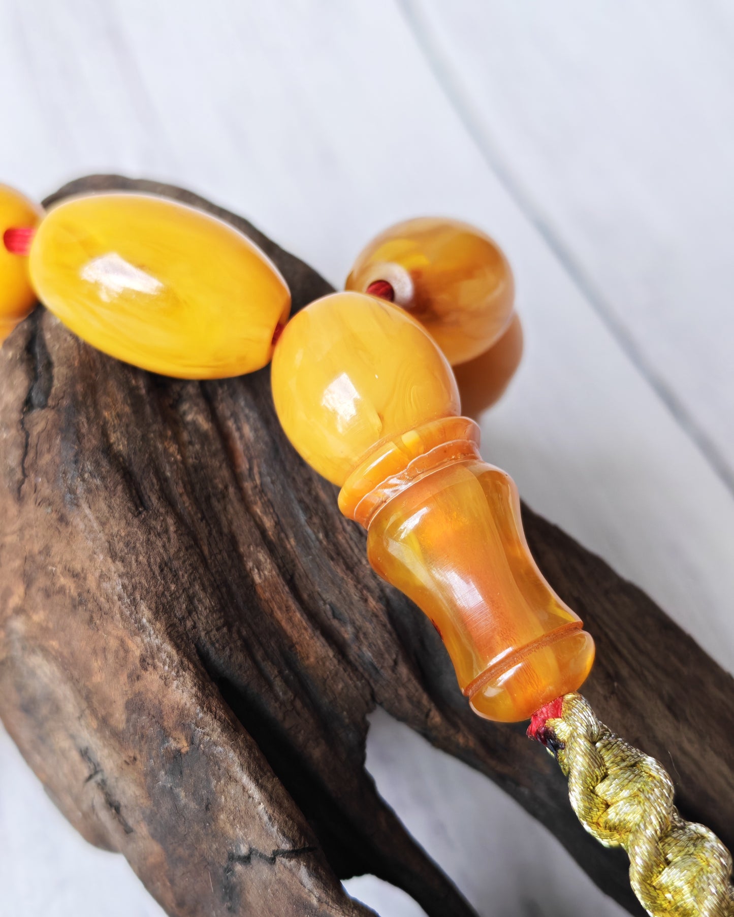 Antique German Bakelite Tasbih – 33 Long Olive Beads Gooseberry Pattern | Original Iraqi Craft