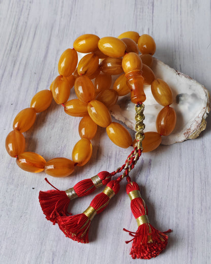 Antique German Bakelite Tasbih – 33 Long Olive Beads Gooseberry Pattern | Original Iraqi Craft