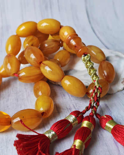 Antique German Bakelite Tasbih – 33 Long Olive Beads Gooseberry Pattern | Original Iraqi Craft