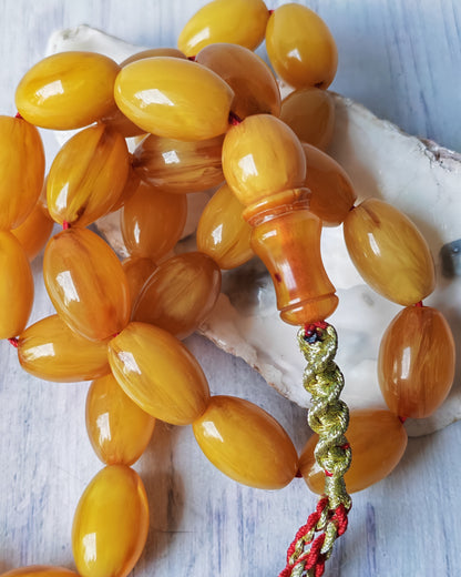 Antique German Bakelite Tasbih – 33 Long Olive Beads Gooseberry Pattern | Original Iraqi Craft