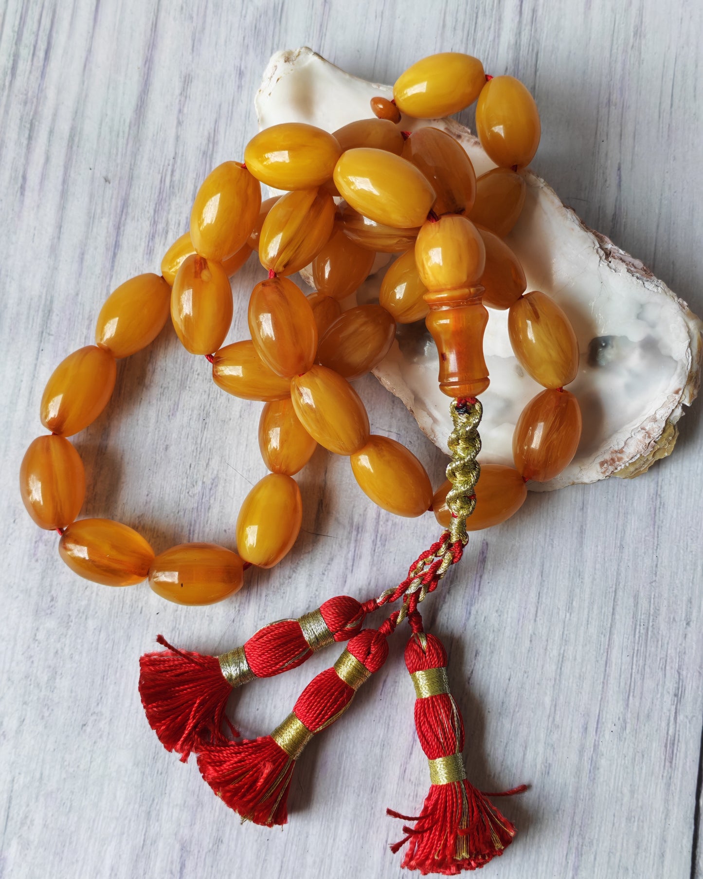 Antique German Bakelite Tasbih – 33 Long Olive Beads Gooseberry Pattern | Original Iraqi Craft