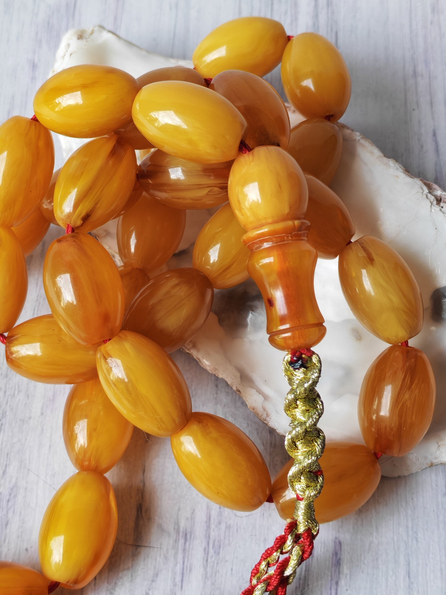 Antique German Bakelite Tasbih – 33 Long Olive Beads Gooseberry Pattern | Original Iraqi Craft