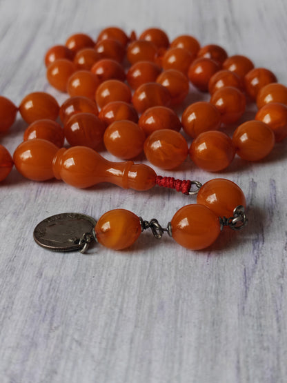 German Bakelite Carvacraft Tasbih – 39 Pigeon-Egg Beads | Turkish Craft | Silver Coin Tassel | Deep Honey Color with Transparent Veins